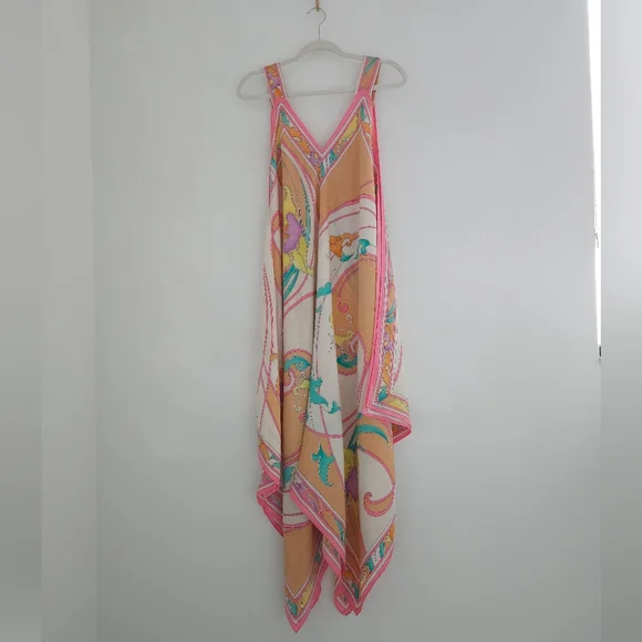 BRIJO Vintage Pastel Rolled Jacquard Silk Hankerchief V Tank Maxi Dress - Picture 3 of 16